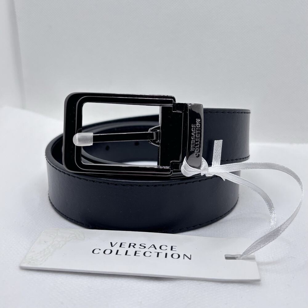 Versace Collection Leather Logo Buckle Belt One Size Black Sz 120
